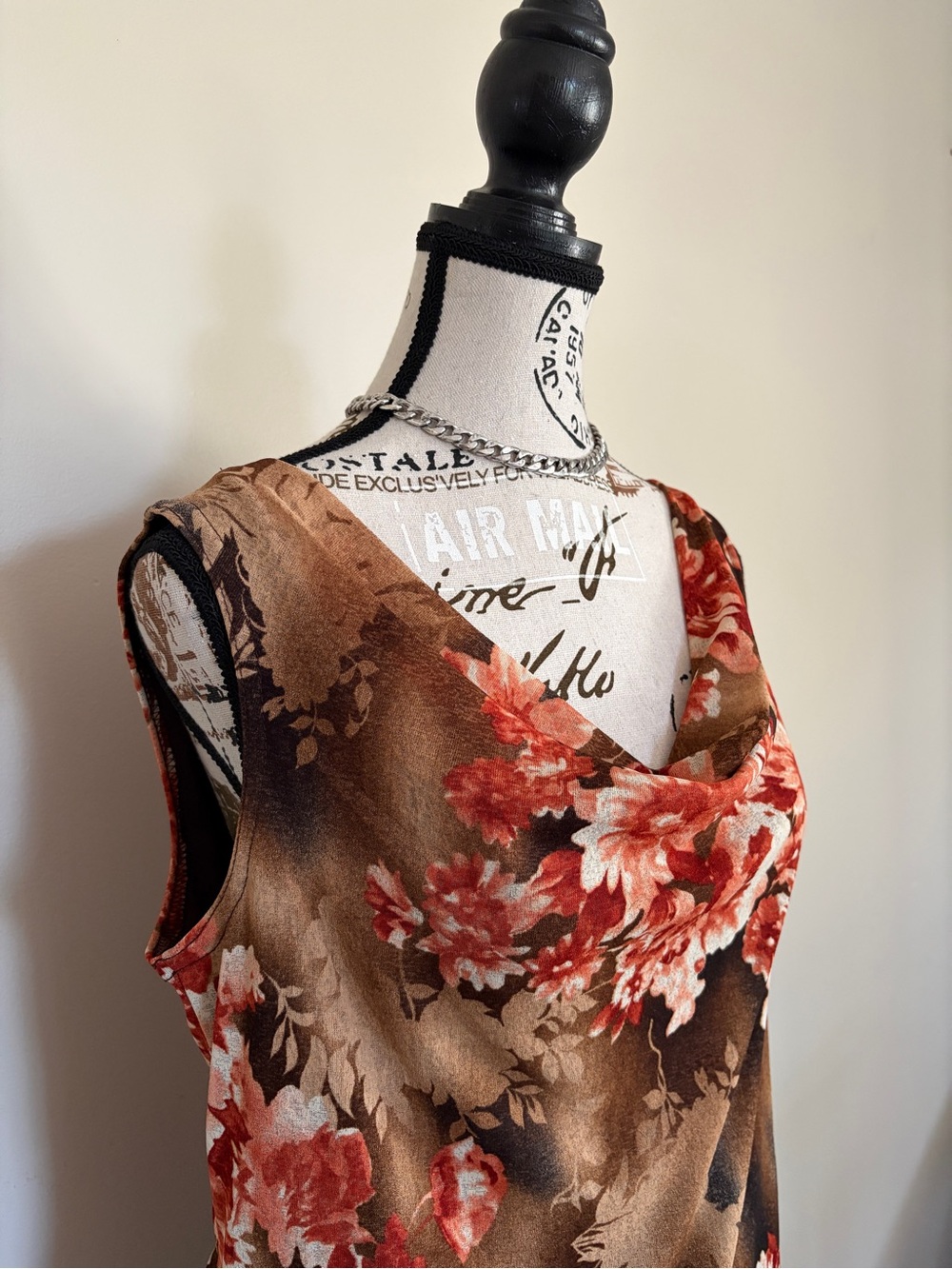 Y2K 90’s Jessica Vintage Brown Fall Floral Cowl Neck Sleeveless Top - Picture 4 of 9